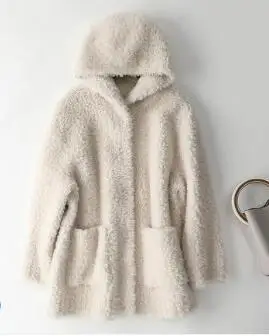Whitebeige Пальто с капюшоном из мягкого натурального овечьего меха, новинка года, женская одежда с карманами, большие размеры, свободный крой, куртка из натурального меха с капюшоном, sr709 - Цвет: Whitebeige