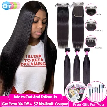 

Straight Hair Bundles With Closure Natural Color Human Remy Hair 4Pcs Peruvian Straight Bundles 4x4 Swiss Lace [BY] Hair