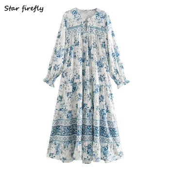

Star firefly fashionable Za dress female 2020 spring new casual elegant loose round neck print petal sleeve draped dress women