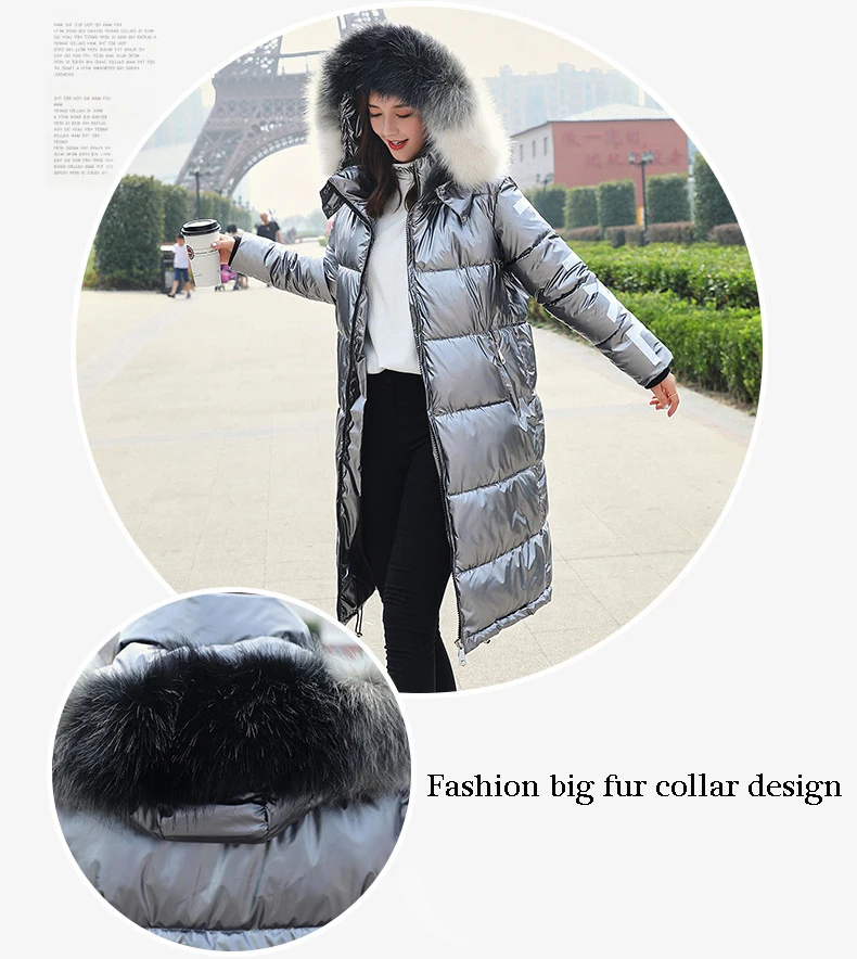 Новая зимняя куртка женская теплая толстая пуховая парка размера плюс Дамская Мода принт блестящие куртки с капюшоном меховой воротник с хлопковой подкладкой