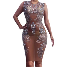 Сексуальные Серебряные камни стразы на сетчатой основе Прозрачное платье ночной клуб певица сценические костюмы женские день рождения Празднование платья DT1746