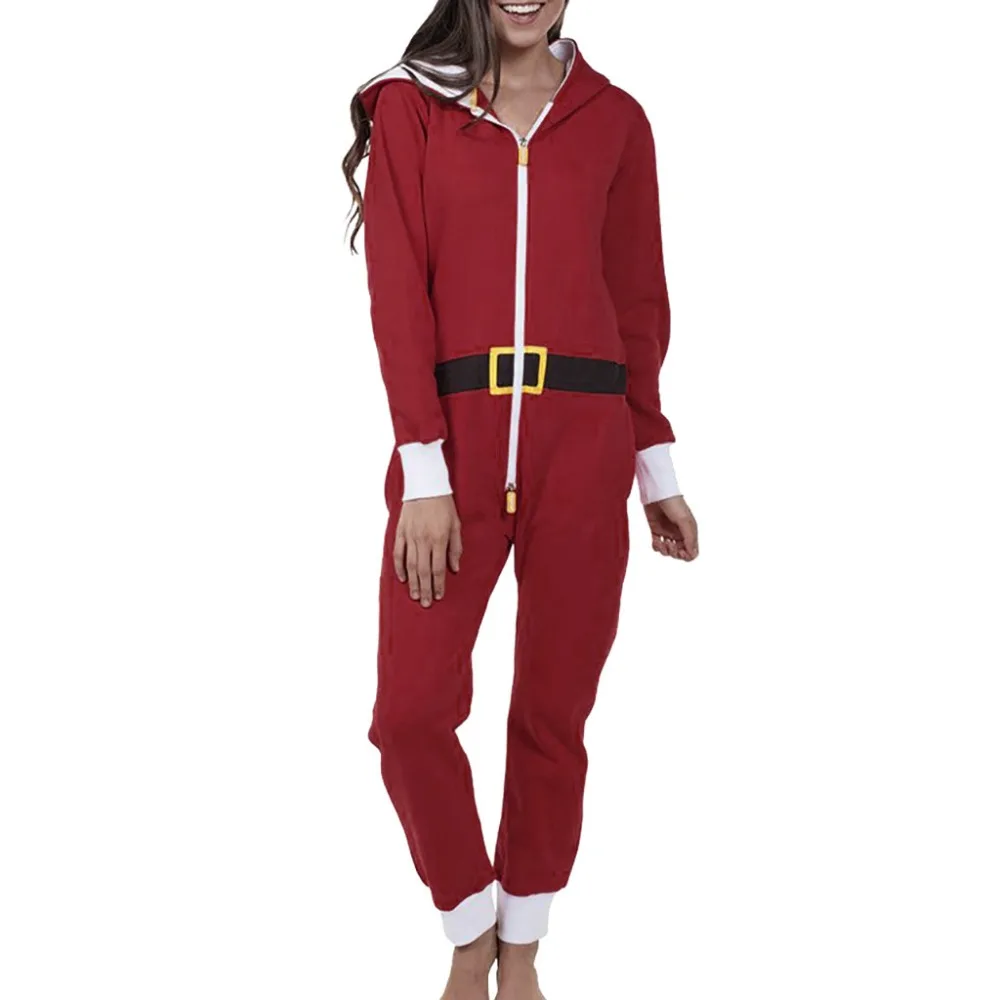 Для женщин фланель леди Рождественская Пижама комплект Санта-Клауса, одежда для сна на Рождество с капюшоном и застежкой-молнией комбинезон для сна Одна Деталь пижамы