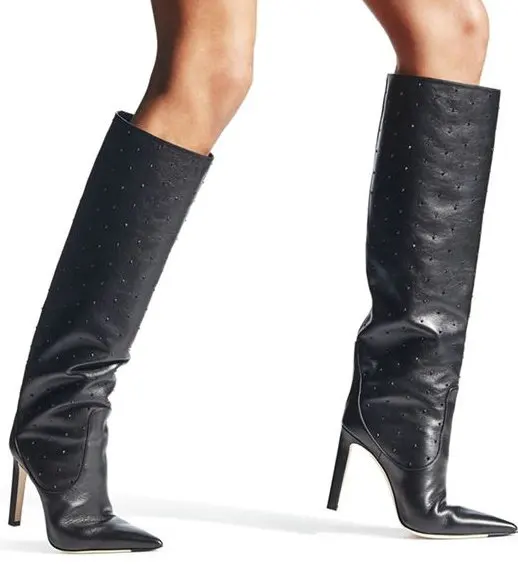 TXCNMB 9CM High Heels Thigh High Boots Shoes Women Winter Snow Shoe Woman Black Leather The Knee Boots Long Winter Boots - Цвет: Черный