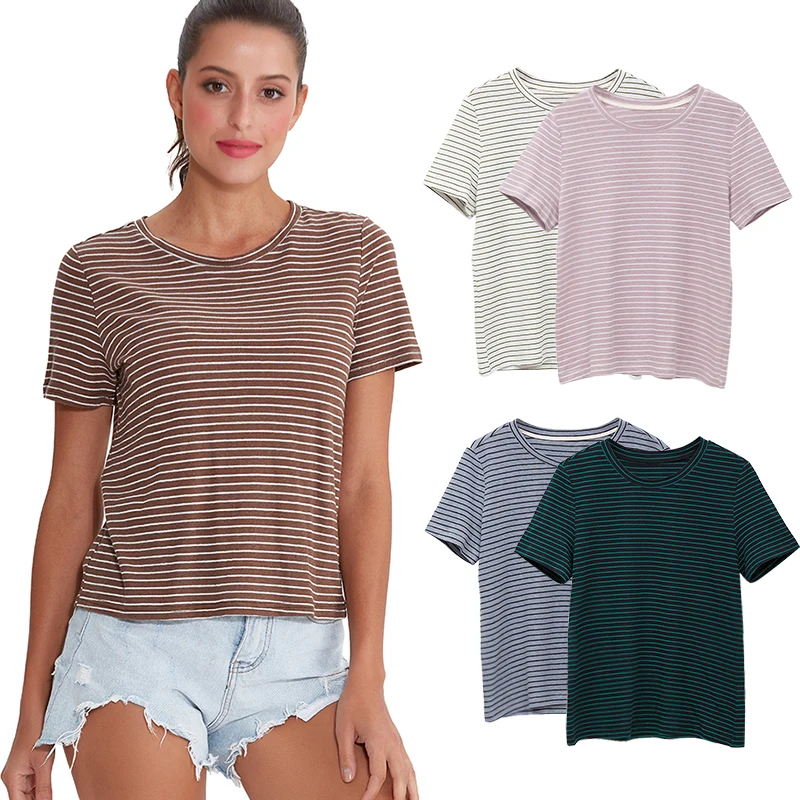 

Women's O-Neck Linen Cotton Stripes T-Shirt Short Sleeve Summer Tops Plus size S~5XL