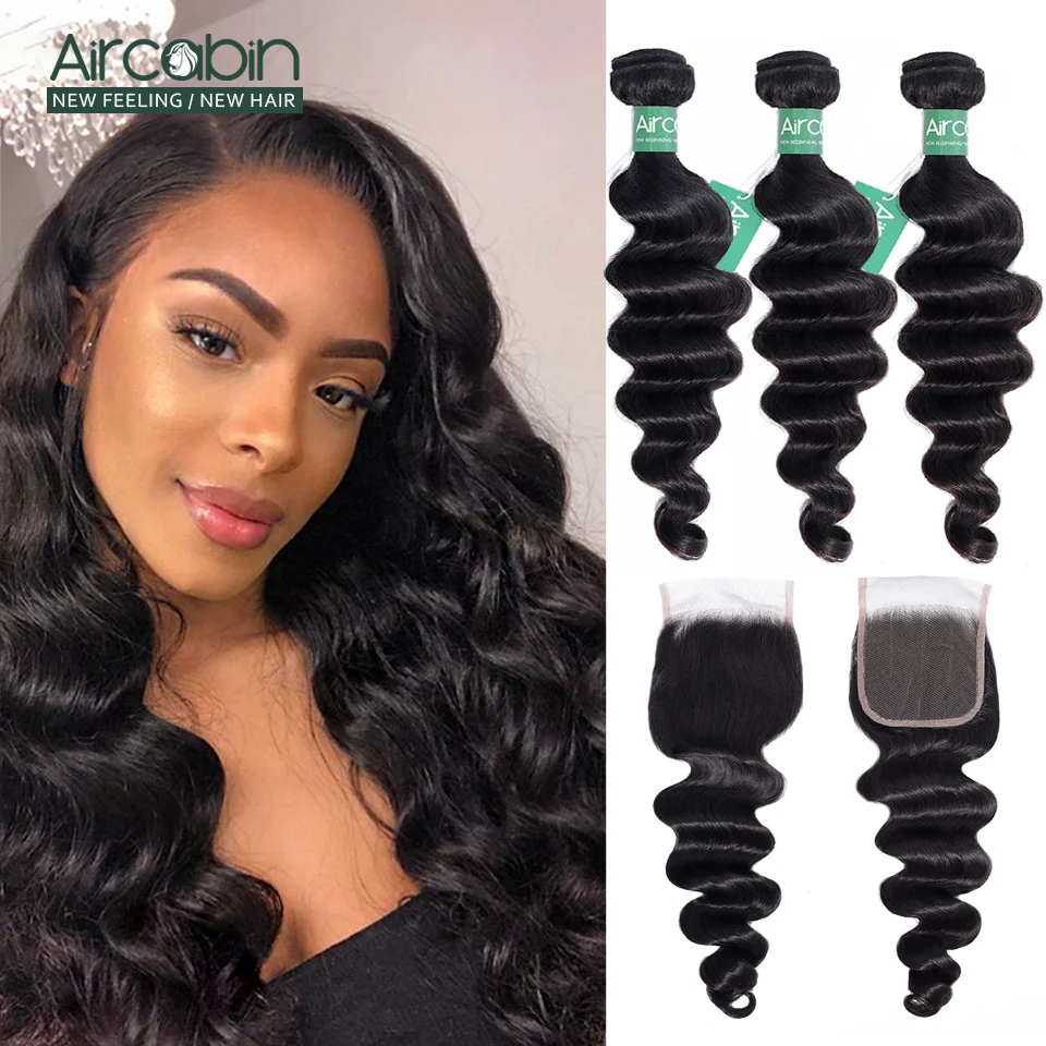 

Aircabin 3 / 4 Brazilian Loose Deep Wave Bundles With Closure 100% Remy Human Hair Weave Bundles With Lace Closure Can Be Dyed