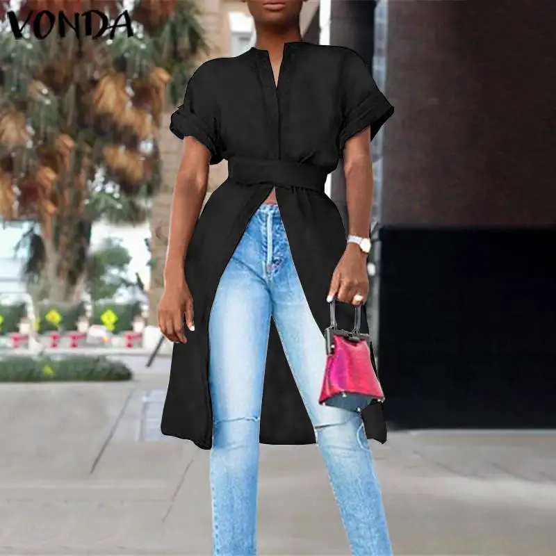 Blusas de fiesta VONDA túnica de verano para mujer con Blusas largas ropa de Club Casual Vestidos dobladillo dividido Blusas femeninas S 5XL camisas sólidas|Blouses & Shirts| - AliExpress