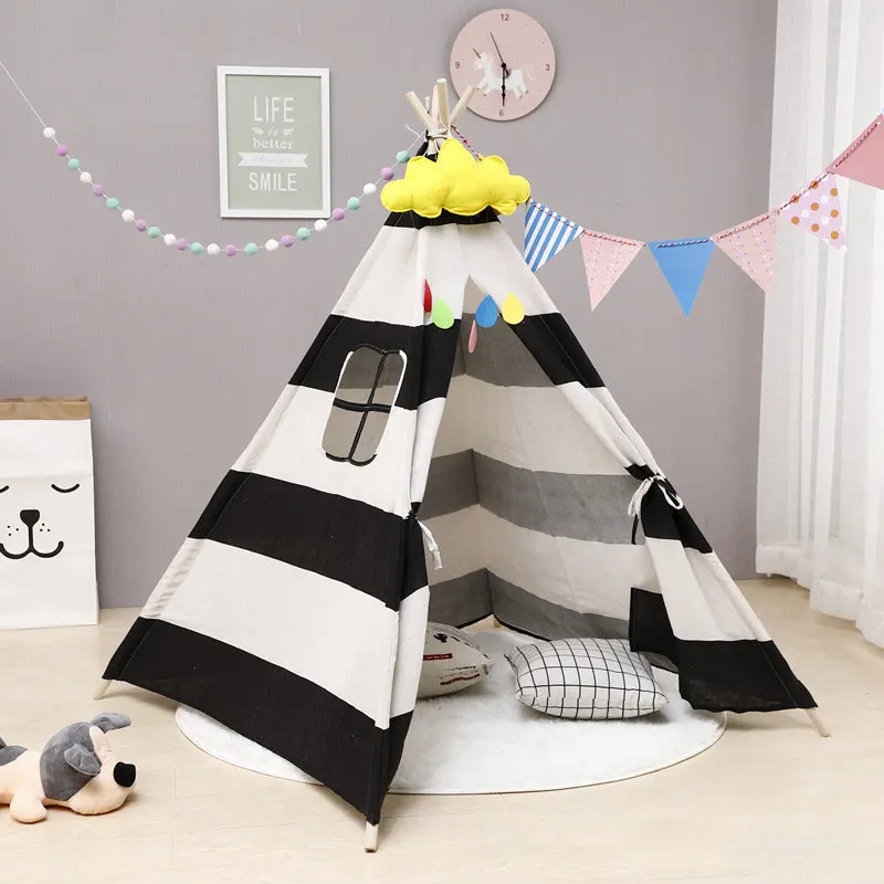 Портативная детская палатка из хлопка Tipi House, детская палатка для девочек, игровой домик Wigwam, игровой домик, индийский треугольный тент, декор для комнаты, вигвам - Цвет: black-white-1