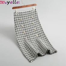 Корейская клетчатая Женская юбка Осень Зима Новая твидовая юбка женская элегантная двубортная вязаная юбка женская винтажная юбка миди