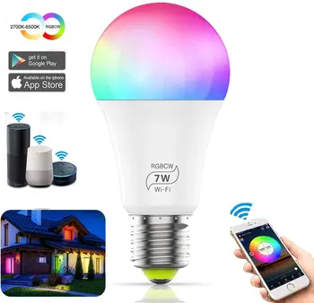 

Smart WiFi Light Bulb No Hub Required, 7W e RGBCW LED Smart LED Bulb Dimmable Multicolor for Room, Compatible with Alexa Google