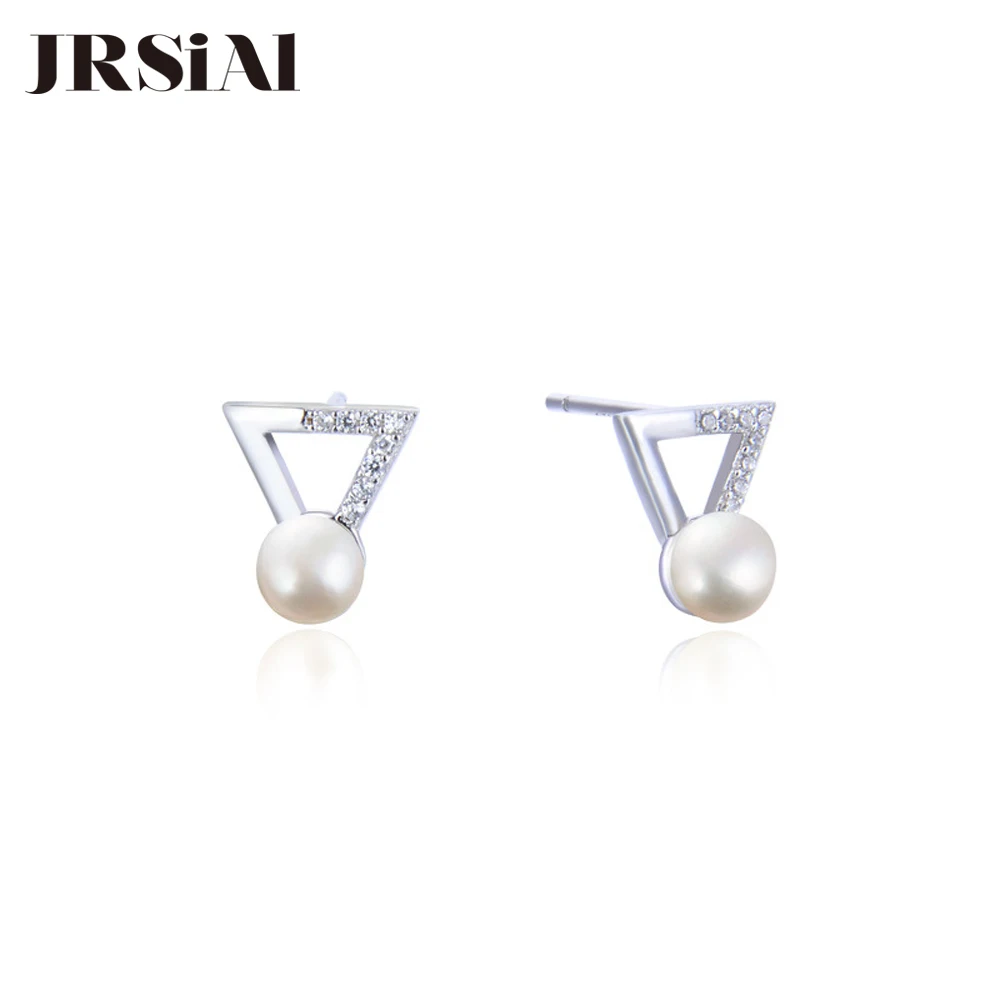 

JRSIAL 925 Sterling Silver Jewelry Freshwater Pearl Earrings Korean Fashion Bead Earrings Zircon Geometric Triangle Earrings