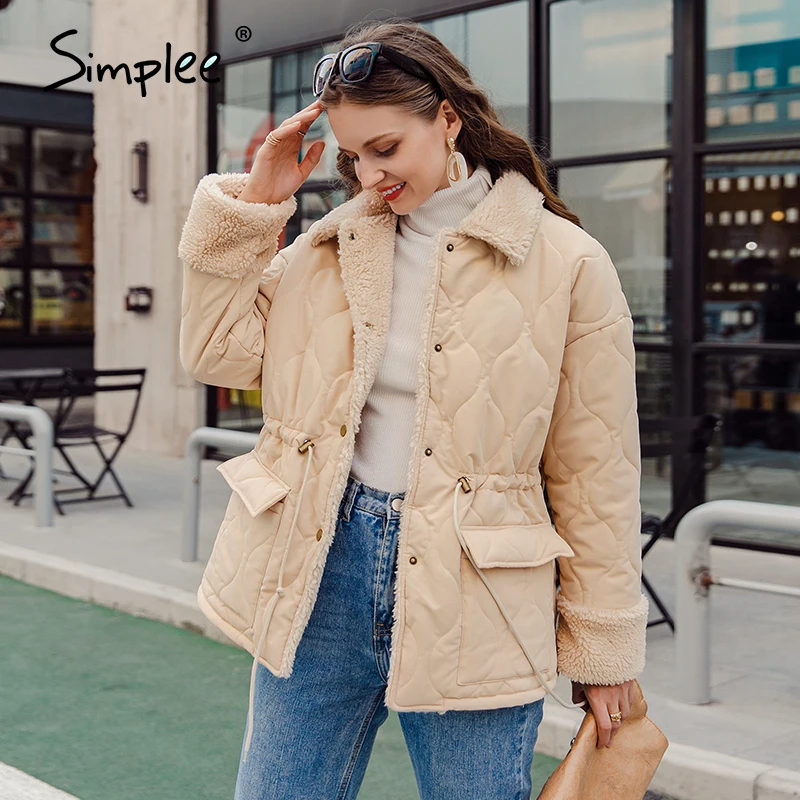 Female Jacket Parkas Simplee Winter Women Autumn White Solid Warm-Stand-Collar Long-Sleeve