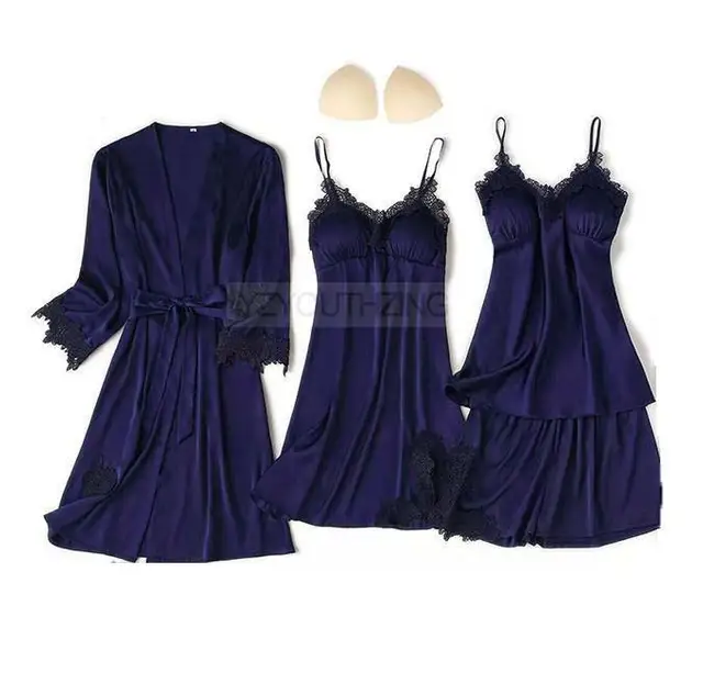 Pajama Set Women Lace Trim Satin Sleepwear Pyjamas Pour Femme Summer Nightwear With Pants Casual Home Wear Kimono Robe Gown PJS Navy Blue B