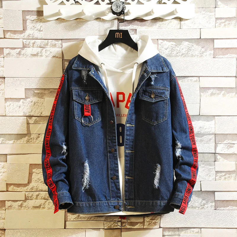 NavyBlue Новая Осенняя джинсовая куртка с дырками, Мужская модная повседневная джинсовая куртка с эффектом потертости, Мужская Уличная Свободная куртка-бомбер в стиле хип-хоп - Цвет: NavyBlue