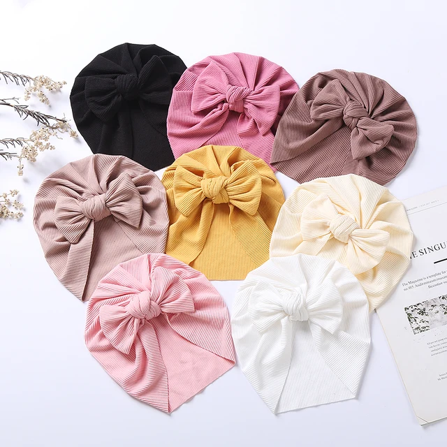 8Pcs/Lot Solid Ribbed Baby Turban Winter Hat Cap Newborn Boy Girl Headwrap Infant Birthday Gift Fashion Bowknot Hair Accessories