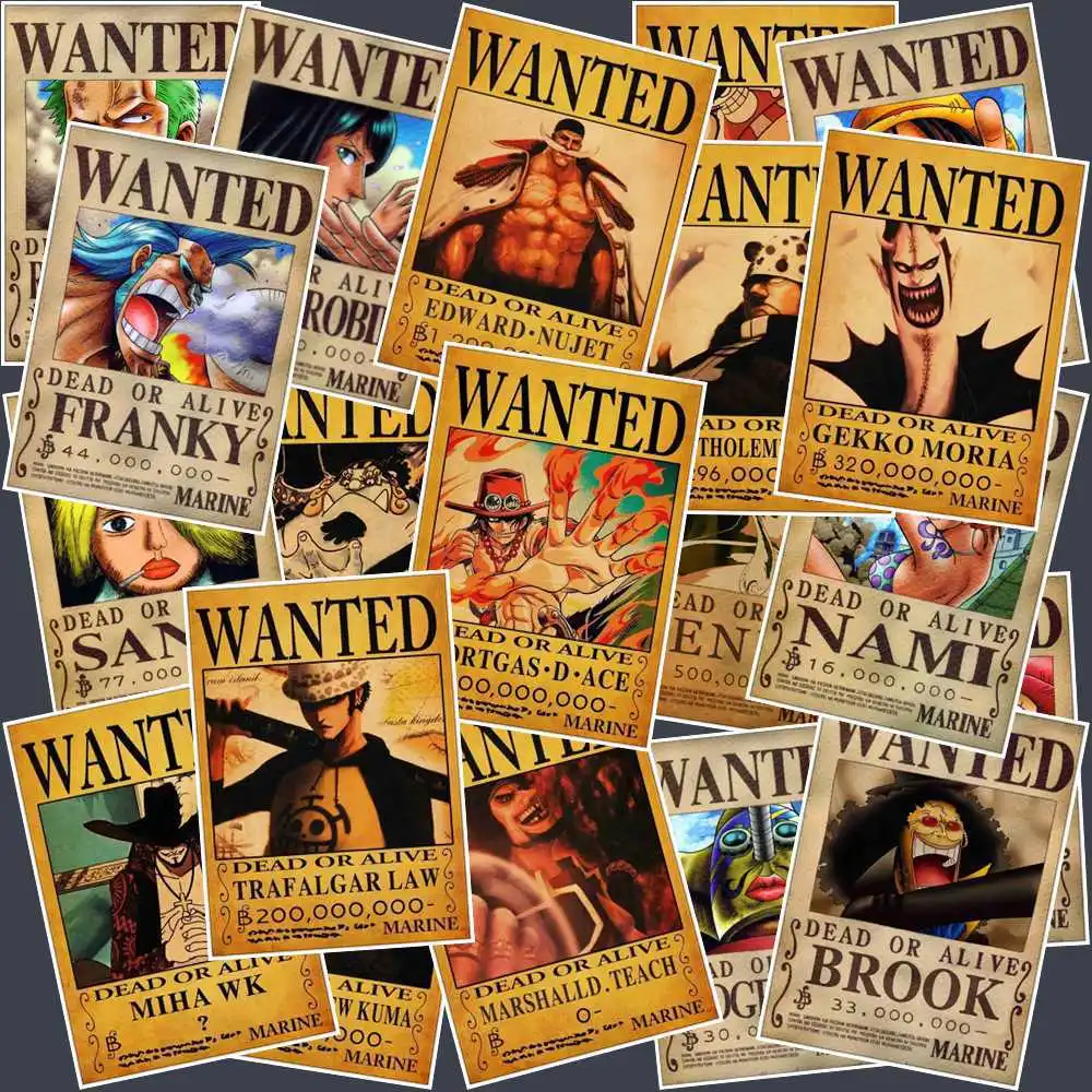 

Stickers 25 Pieces One Piece Wanted Retro Poster Stickers Anime One Piece Staw Hat Crew Luffy Law Mini Wanted Waterproof Sticker