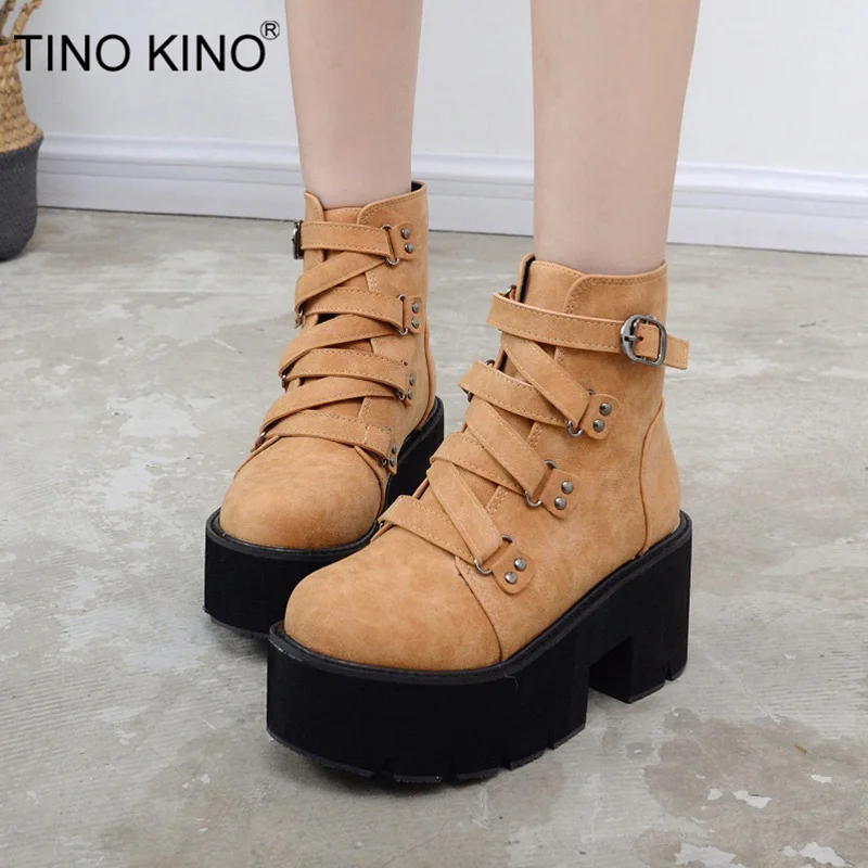

TINO KINO New Women Autumn Platform Ankle Boots Female Buckle Punk Motorcycle Boot Thick High Heels Ladies Fashion Shoes