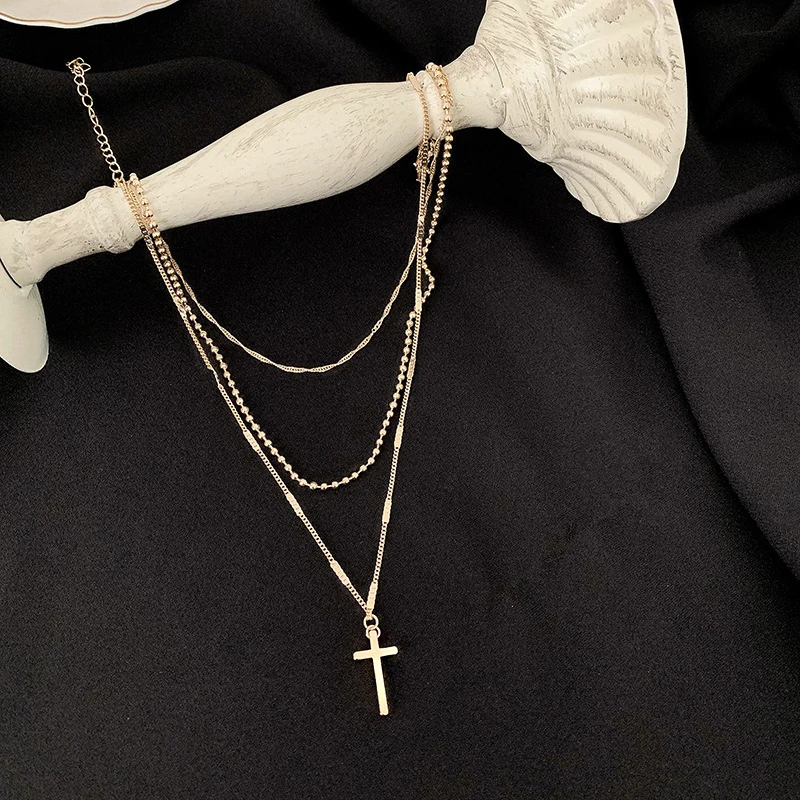 Simple Multi-layer Gold Cross Chain Pendant Necklace Exaggerate Punk Women’s Fashion Beads Choker Ladies Party Jewelry Girl Gift