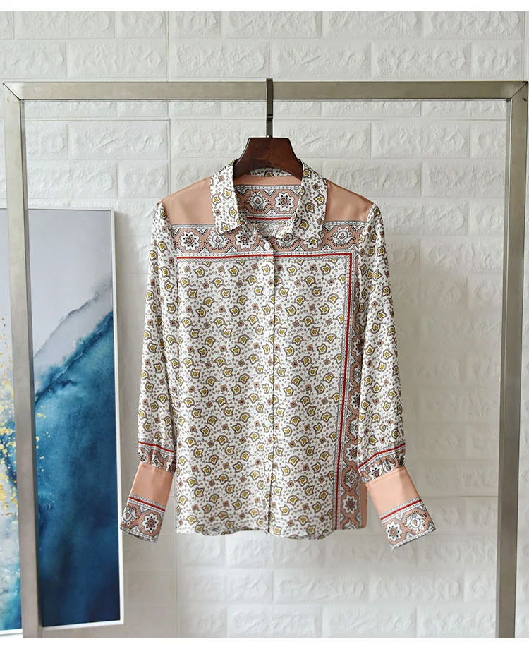 Svoryxiu Дизайнер Осень шелковая блузка рубашка женская винтажная синяя белая печать женские топы Модные рубашки с длинными рукавами