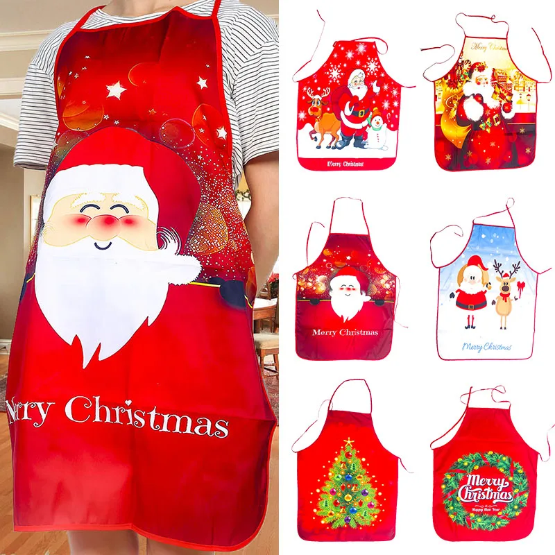 1PC Merry Christmas Apron Cute Elk Red Plaid Cotton Linen Kitchen Apron For Woman Bibs New Year Xmas Baking Cooking Accessories