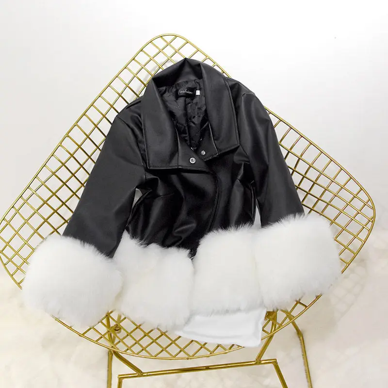 Новое поступление, Женская куртка из искусственной кожи, женская одежда, осенне-зимнее Свободное пальто с длинными рукавами и воротником-стойкой, искусственный мех, f1799 - Цвет: black white