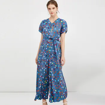 

Miyake Fold New 2020 Spring V-neck Wave Point Printing High Waist Tie-up Jumpsuit Women
