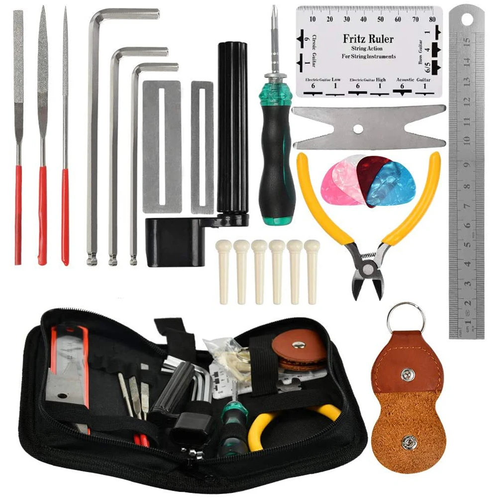 

26 Pcs Guitar Tool Kit Repairing Maintenance String Organizer String Action Ruler Gauge Measuring Tool Hex Wrench Set Files Fin
