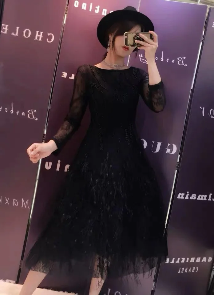 Black HAMALIEL/Новинка года; осеннее дизайнерское бальное платье для подиума; роскошные женские вечерние платья с кисточками и перьями - Color: Black