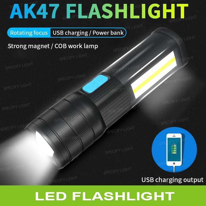 High Bright COB Flashlight Zoomable Multifunction Waterproof Lamp Focus USB Charging Power Bank 7 Switch Mode with Strong Magnet (1)