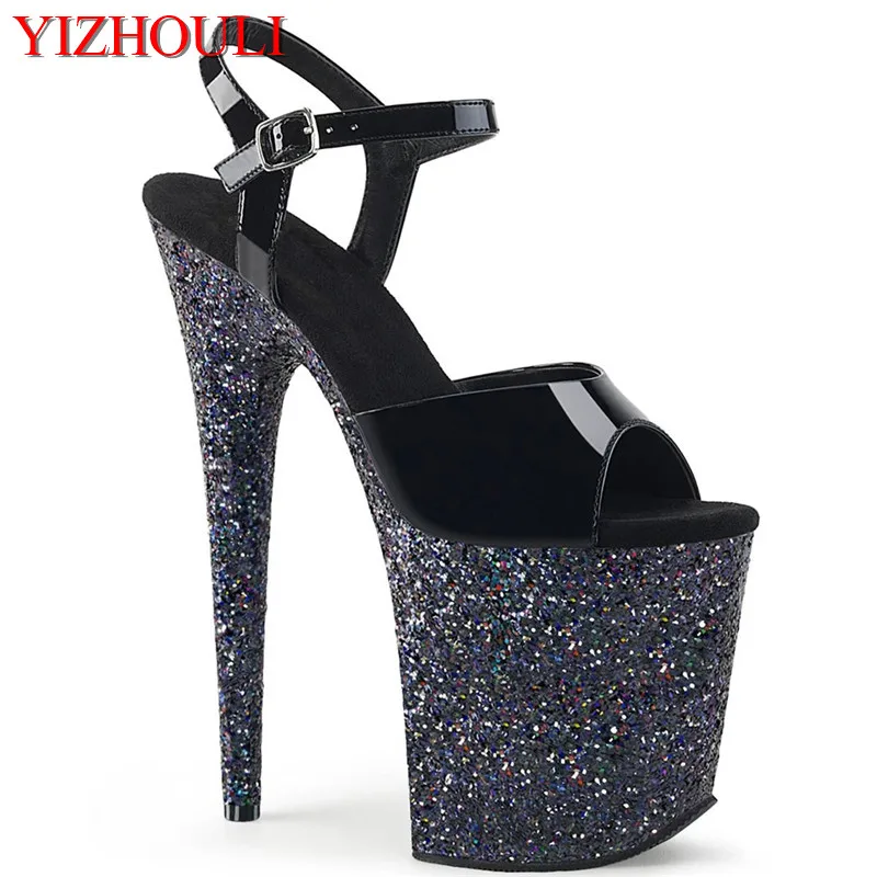 

20 cm sexy purple sequined waterproof platform with black uppers, stiletto heels/ultra high heel pole dancing model sandals