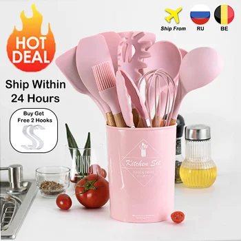 

9/10/12PCS Silicone Cooking Utensils Set Non-stick Spatula Shovel Wooden Handle Cooking Tools Set With Storage Box Kitchen Tools