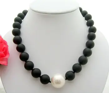 

18.5" 14MM Black Jasper White Shell Pearl Necklace