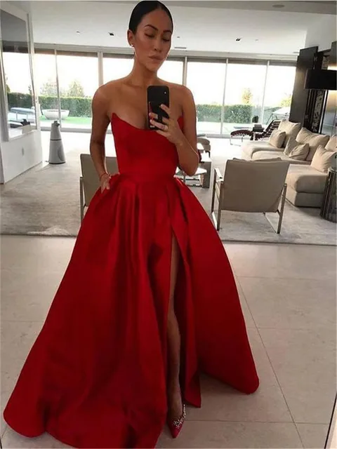 A-line Strapless Red Prom Dresses With 