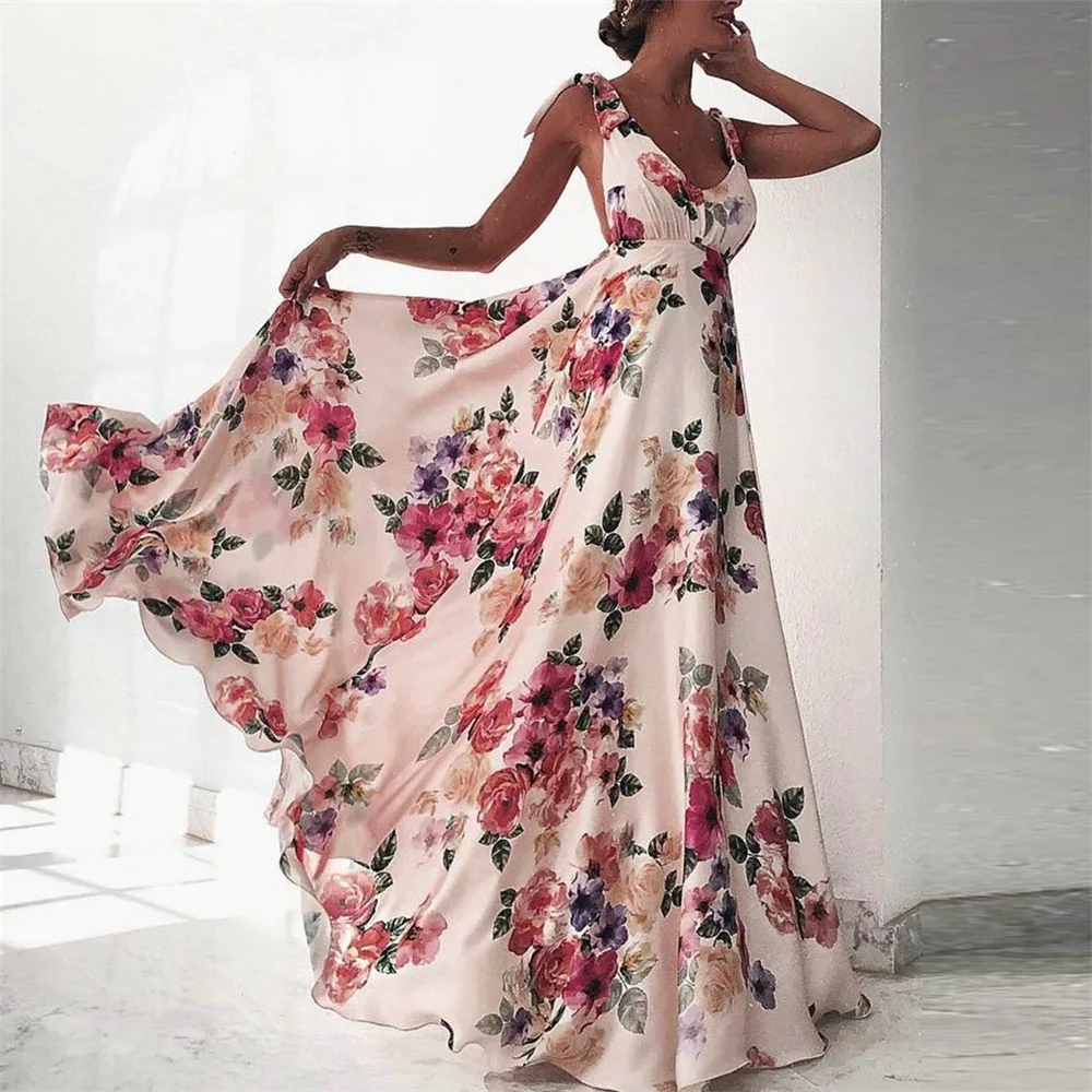 

QNPQYX Women Sexy Summer Floral Prin Dress Sleeveless V-Neck Backless Ladies Long Boho Loose Beach Dresses Maxi Vestidos