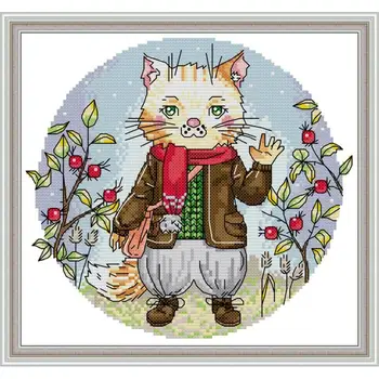 

Cute Mr Kitten Pattern Cross Stitch Embroidery Kit 11CT Printed Fabric 14CT Canvas DMC Count Embroidered Cotton Thread DIY Craft