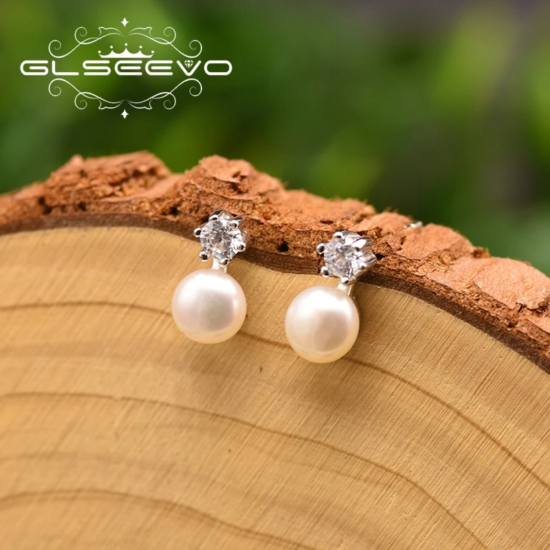 GLSEEVO Silver 925 Fresh Water White Pearl Zircon Earrings For Women Luxury Engagement Gift Handmade Regalos Para Mujer GE0864