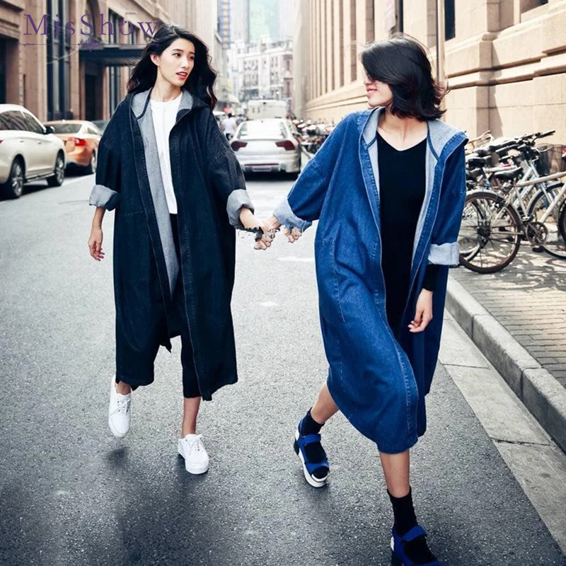 

New Autumn Women's Long Hooded Denim Coats 2019 Korean Style Woman Loose Solid Jeans Casual Female Jacket Cardigans