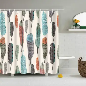 

Colorful Feathers Pattern Digital Print Shower Curtains for Bathroom Decor,Polyester Waterproof Fabric Bath Curtain with 6