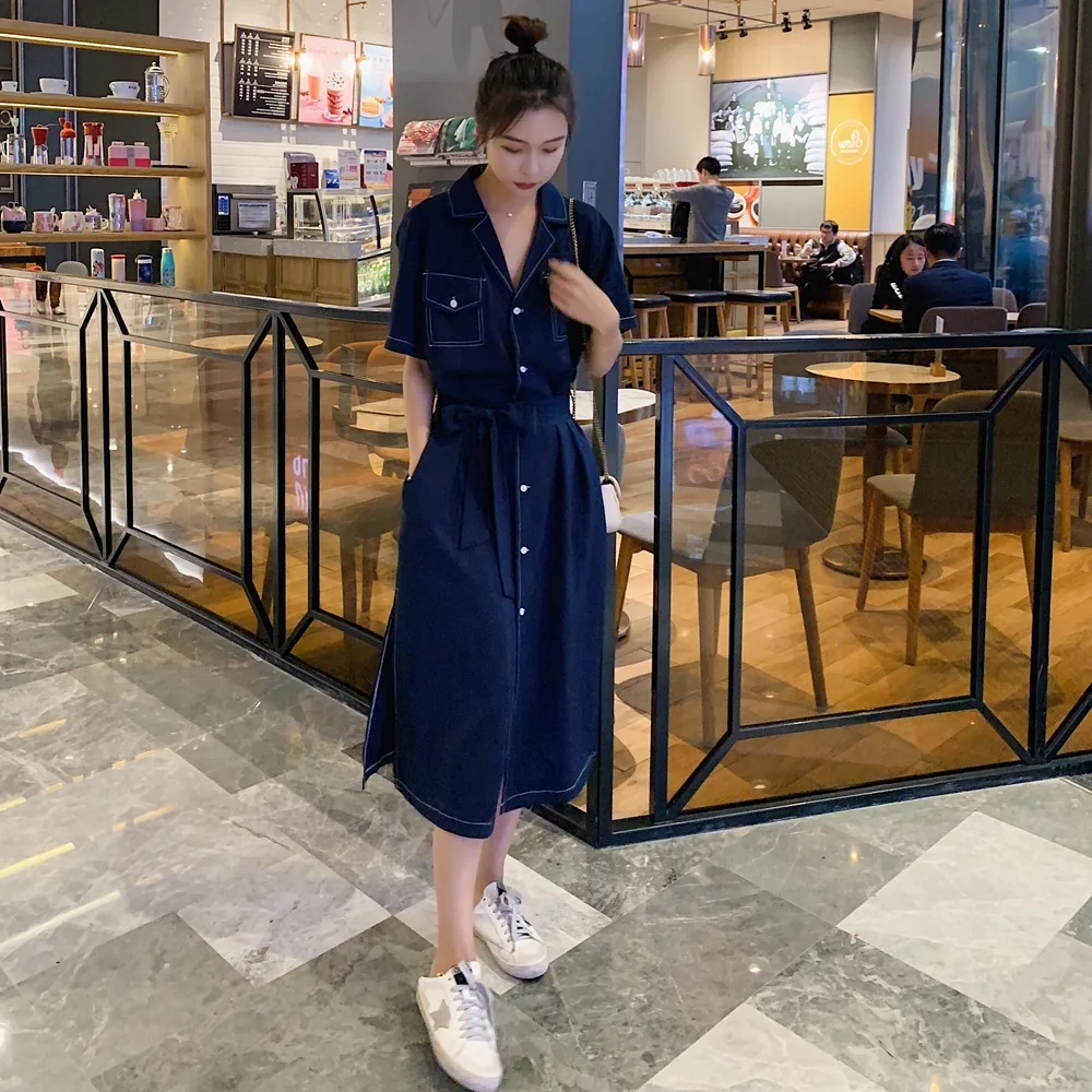 

France Non-mainstream WOMEN'S Dress 2019 Summer New Style French Retro Hepburn Wind Waist Hugging Lace-up Open Wire Shirt Dress