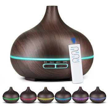 

550ml Wood Grain Electric Aroma Remote Control Ultrasonic Air Humidifier Essential Oil Diffuser with 7 Color Changing LED Lights