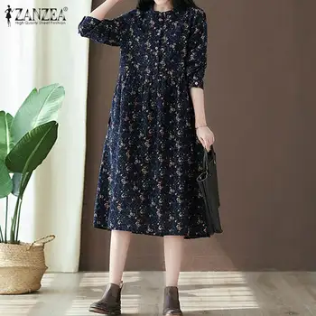 

ZANZEA Bohemian Ruffles Shirts Dress Spring Women Vintage O Neck Buttons Floral Print Sundress Long Sleeve Cotton Linen Vestido