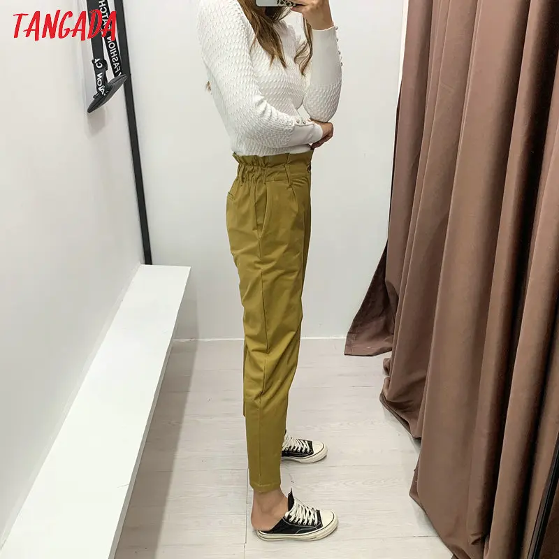 Tangada, женские повседневные брюки цвета хаки с высокой талией, японский стиль, плиссированные брюки с талией, стильные женские одноцветные брюки 6L01