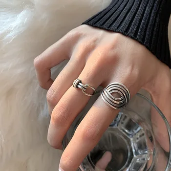 VENTFILLE 925 Sterling Silver Rings INS Fashion Hip Hop Vintage Couples Hollow Lines Punk Thai Silver Party Adjustable Jewelry 6