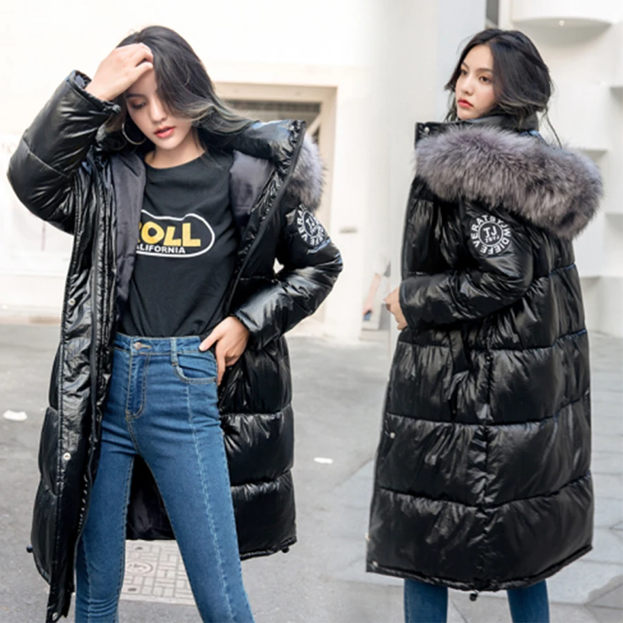Koop Effen Bont Lange Down Jas Vrouwen Reflecterende Jas Glossy Plus Size Hooded Parka Jas Vrouwelijke Harajuku Warm Wit Eendendons jassen