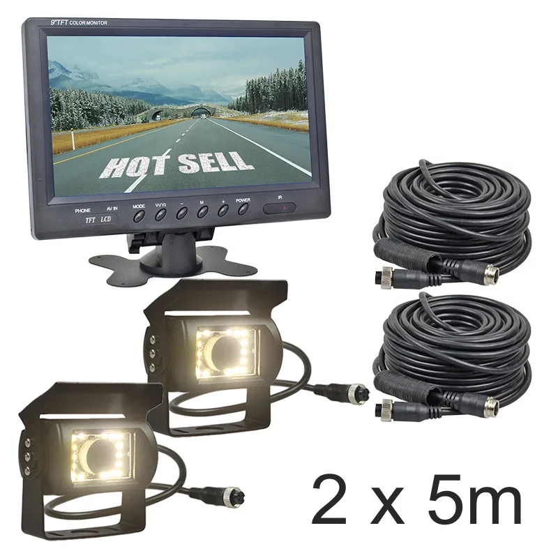DIYKIT 9 дюймов 4-контактный автомобильный монитор заднего вида монитор+ 2 x Водонепроницаемый светодиодный Цвет CCD камера для автомобиля для автобуса лошадь прицеп, дом на колесах - Название цвета: 2 x 5M