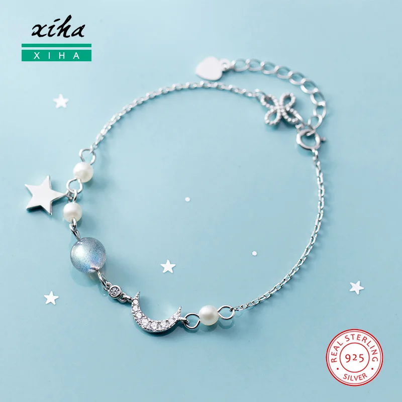 

Real 925 Sterling Silver Bracelets with Charms Crescent Moon and Star Moonstone Crystal CZ Zircon Bracelet for Women Girls Kids