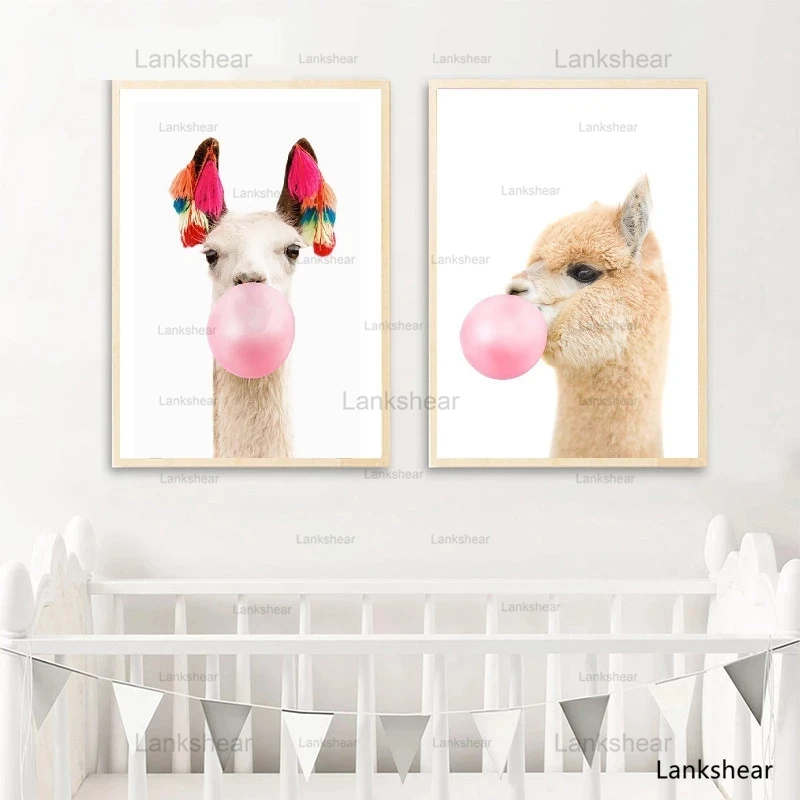 

Llama Print Bubble Gum Wall Art Alpaca Boho Style Canvas Art Painting Animal Wall Picture Nursery Kids Room Decor Funny Poster