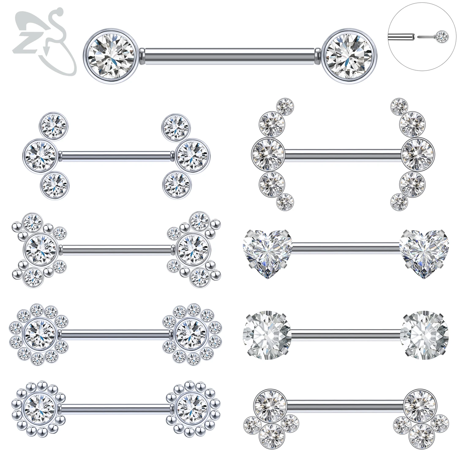 ZS 1 PC Plugin Style Stainless Steel Nipple Ring Flower Heart CZ