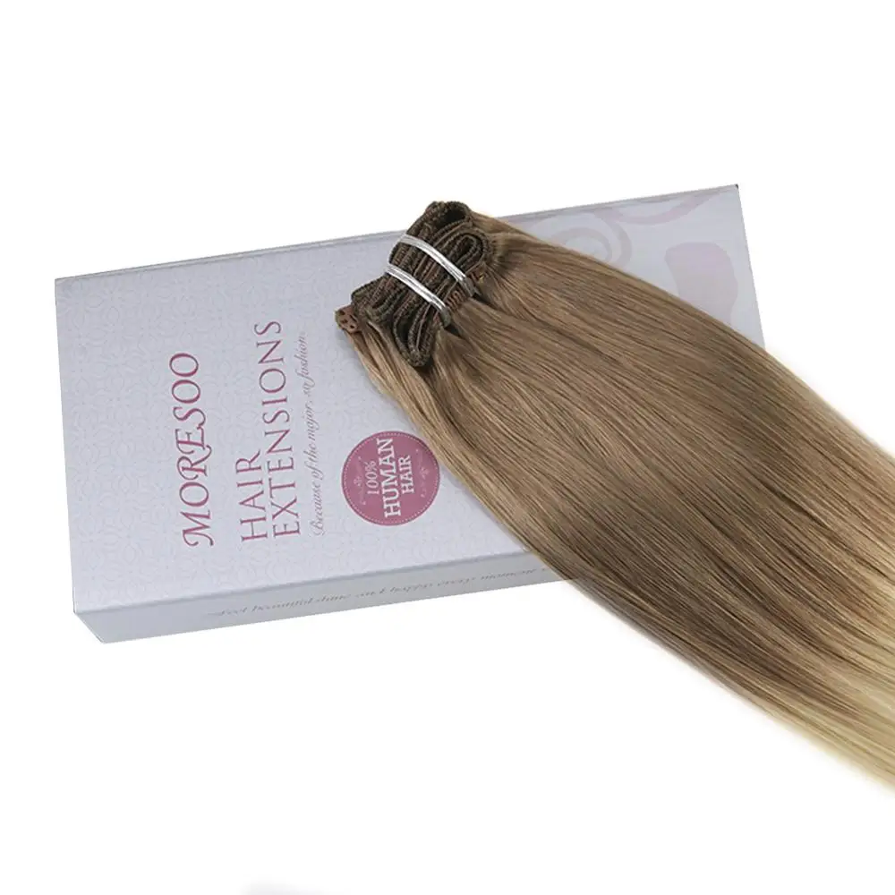 Moresoo Clip in Hair Extension Full Head Ombre Color 7PCS 100g 16-24inch Machine Remy 100% Real Human Hair