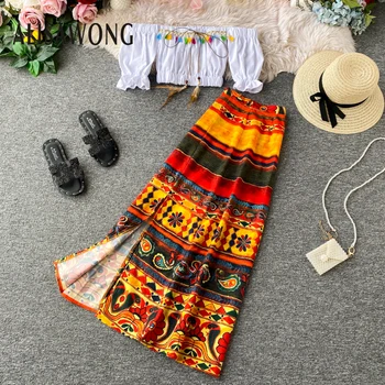 

Women Sexy Off The Shoulder Crop Top Shirt And Vintage Printed Long Skirt Outfit New 2020 Summer Two Piece Sets Ladies Clothes