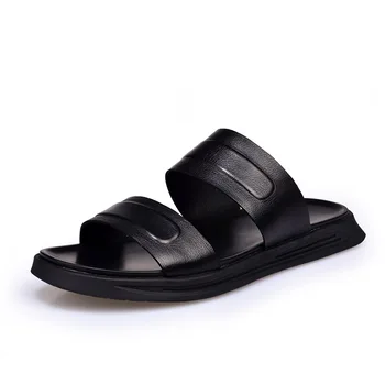 

Men Summer Genuine Leather Slippers Beach Flip Flops Designer Sandals Black Luxury Mens Slides Non Slip Outdoor Slipper Shoes